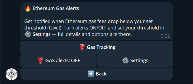 Ethereum Gas Alerts — main menu